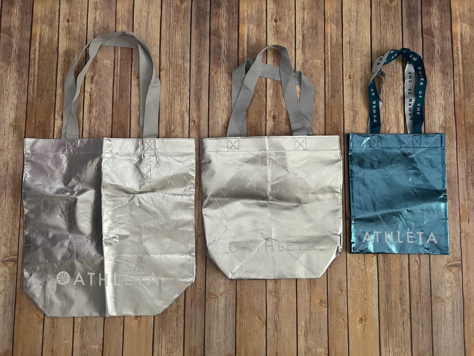 ATHLETA Shopping Reusable Tote Bags 2 Silver 1 Blue Metallic 3 Sizes