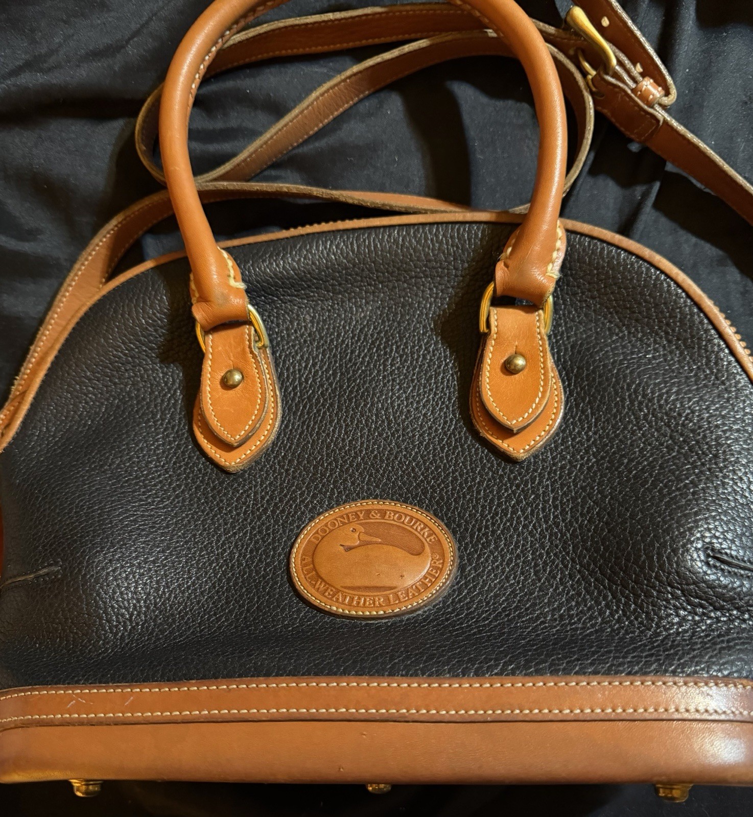 VINTAGE Dooney & Bourke Norfolk Domed Satchel Navy And Tan Leather