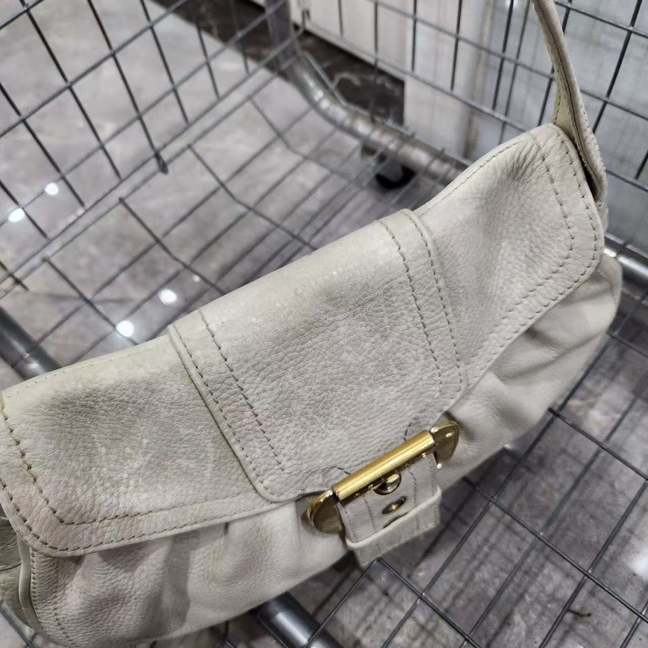 Celine Vintage Off White Grained Calfskin Buckle Shoulder Hobo Bag AUTH