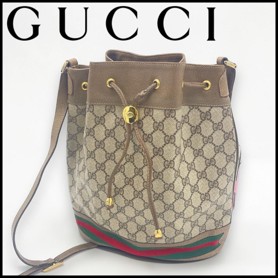 Gucci GG Drawstring Bucket Shoulder Bag Web Stripe Beige Brown Auth