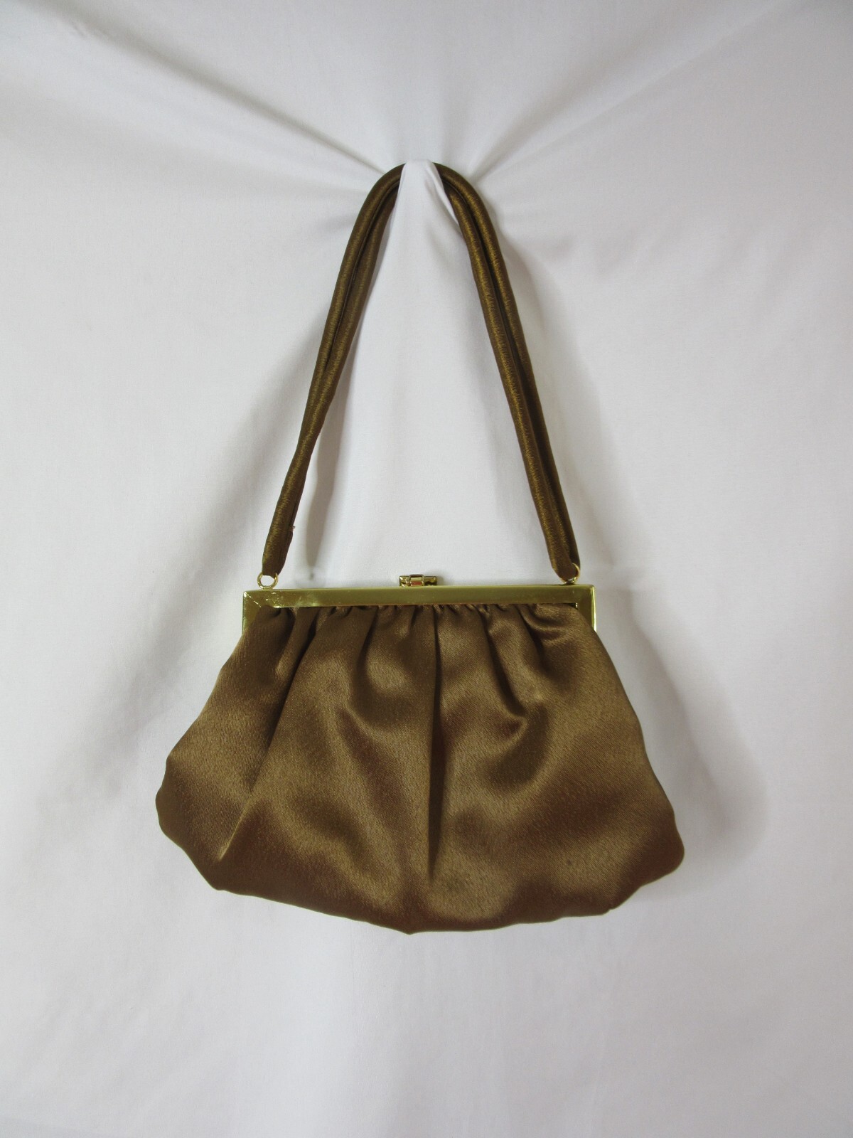 Satin Evening Purse Handbag Brown Metal Frame Closure Rhinestone Clasp