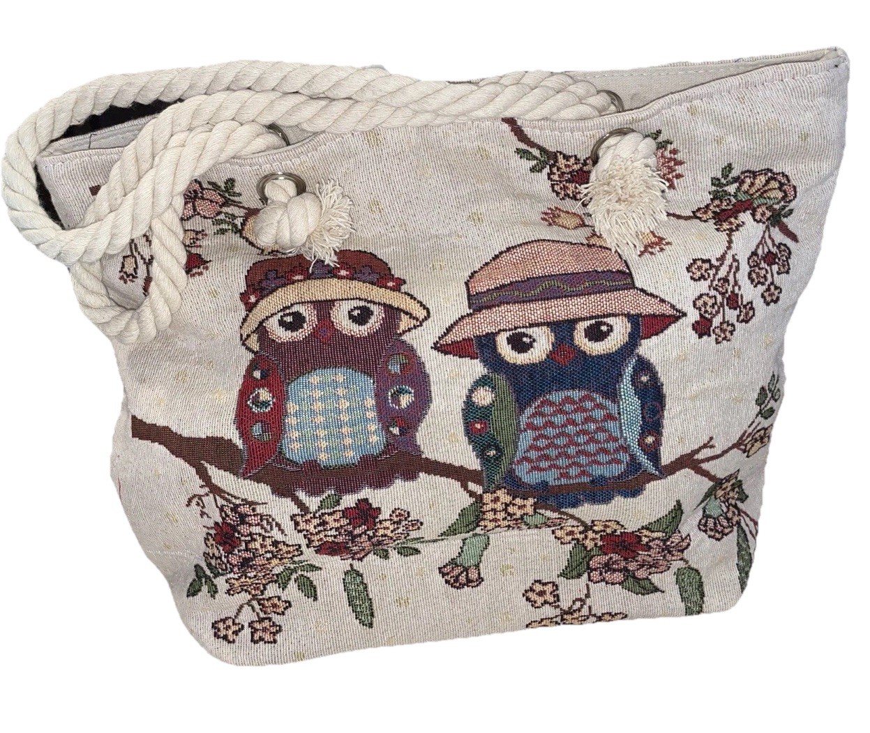 Owl Tote Flowers And Owls Embroidered Colorful Tote Bag 16x13x4” NWT