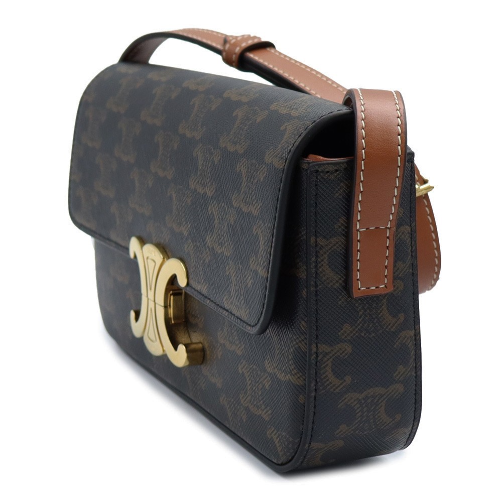CELINE 194142CUZ Claude Triomphe Canvas & Calfskin Tan Brown Shoulder Bag
