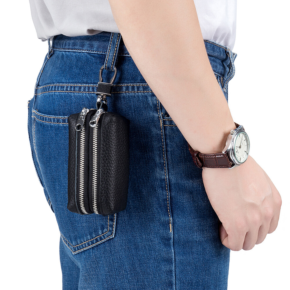 Genuine Leather Car Key Case Wallet Unisex Double Zipper Keychain Coin Purse Bag