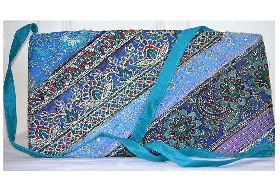 Turquoise Color Hand Embroidered Borders Shoulder Cross Body Bag Silk From India