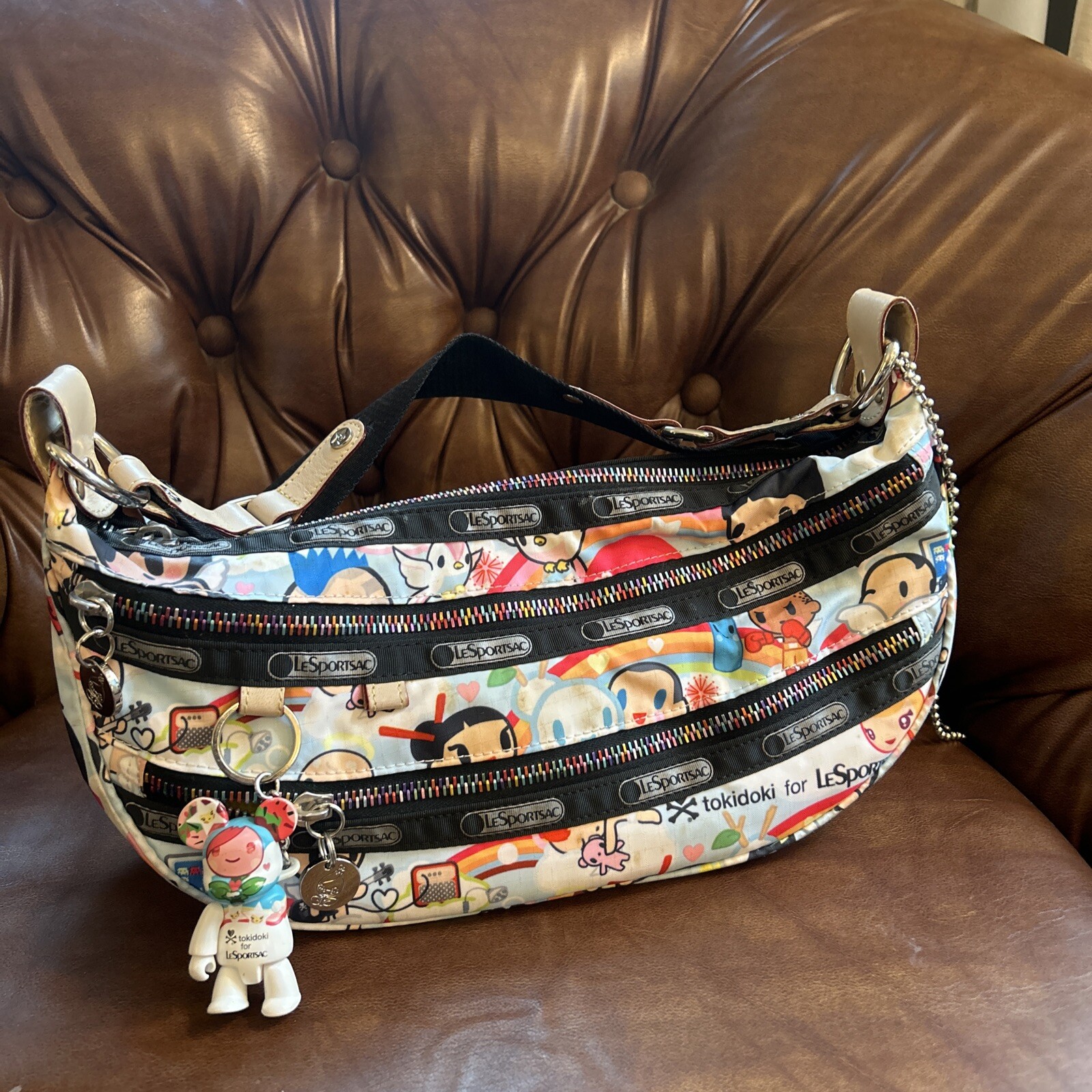 LeSportsac Tokidoki Small Shoulder Purse Bag Hobo Qee (One Arm Broken) 3 Zippers