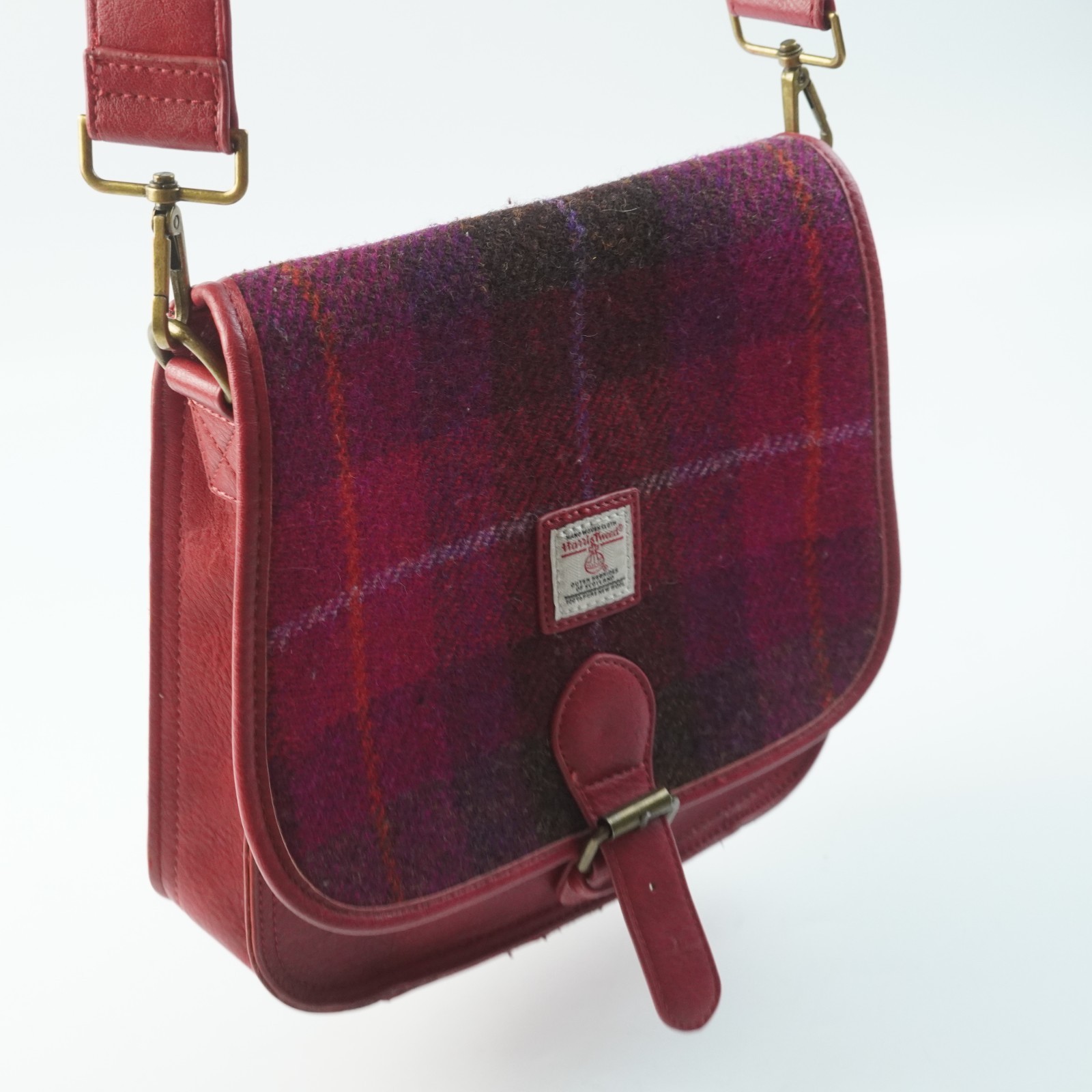 Islander Harris Tweed Saddle Bag Crossbody Fuchsia Red Plaid Tartan Wool Purse