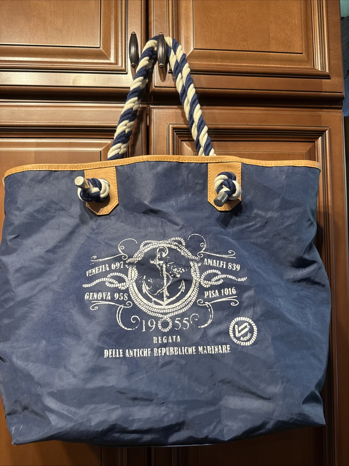 Rare Bonfanti Regata Tote Navy Blue Rope Handles Tan Leather Trim Italy