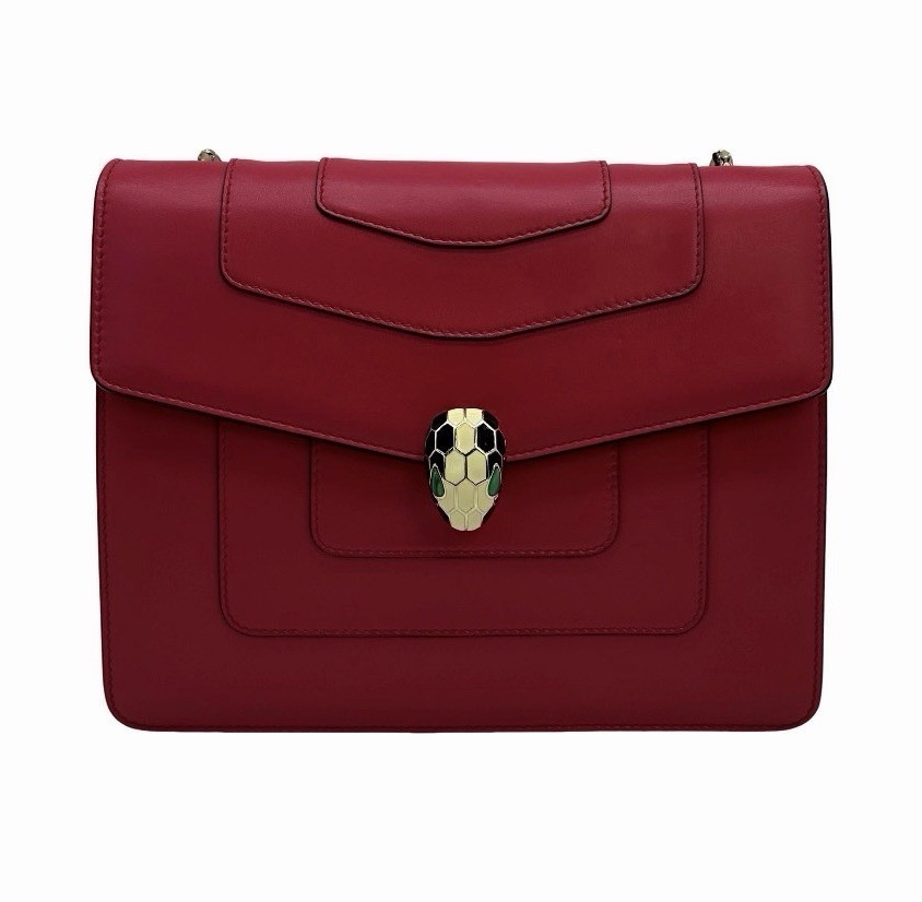 BVLGARI Red Shoulder Bag Gold Chain Strap Logo Hardware Magnetic Clasp