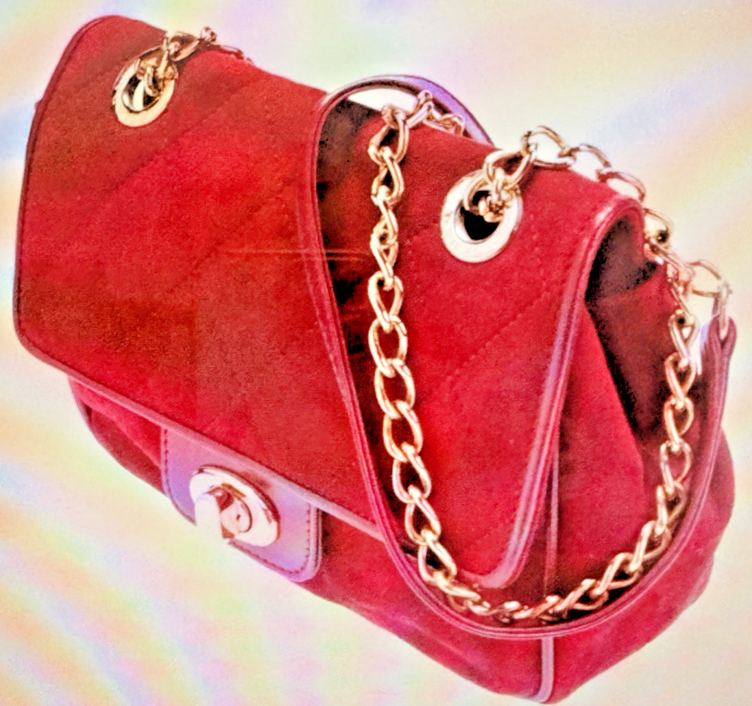 Escada Shoulder Bag ~ Red Suede Bag Gold Tone Hardware ~ Leather Trim Chain Link