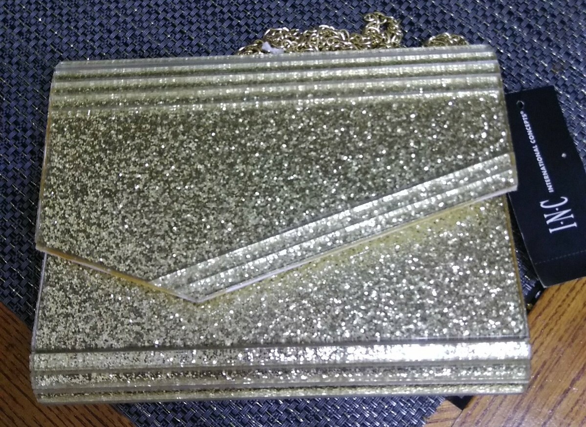 INC International Concepts Maria Envelope Glitter Clutch Gold