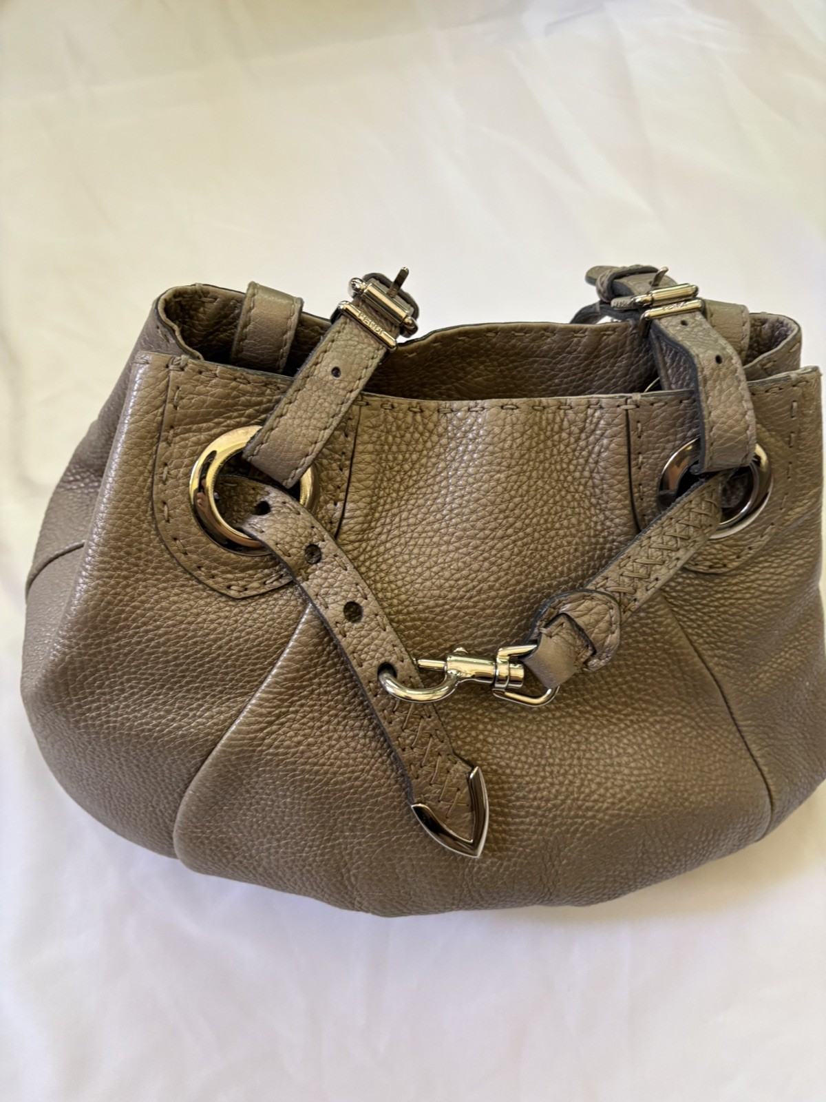 Vintage Fendi Selleria Pomodorino Tote Handbag in Metallic Gray Pebbled Leather