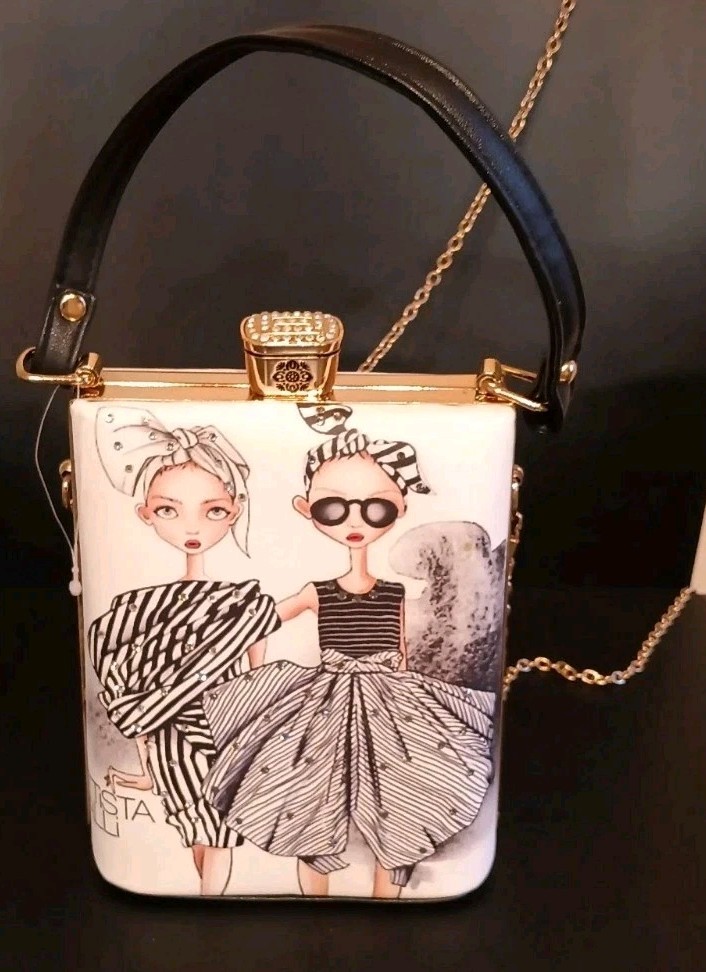 Fashion Girl Art Box Clutch Evening Bag Rhinestone Clasp Top Handle Handbag 7X6