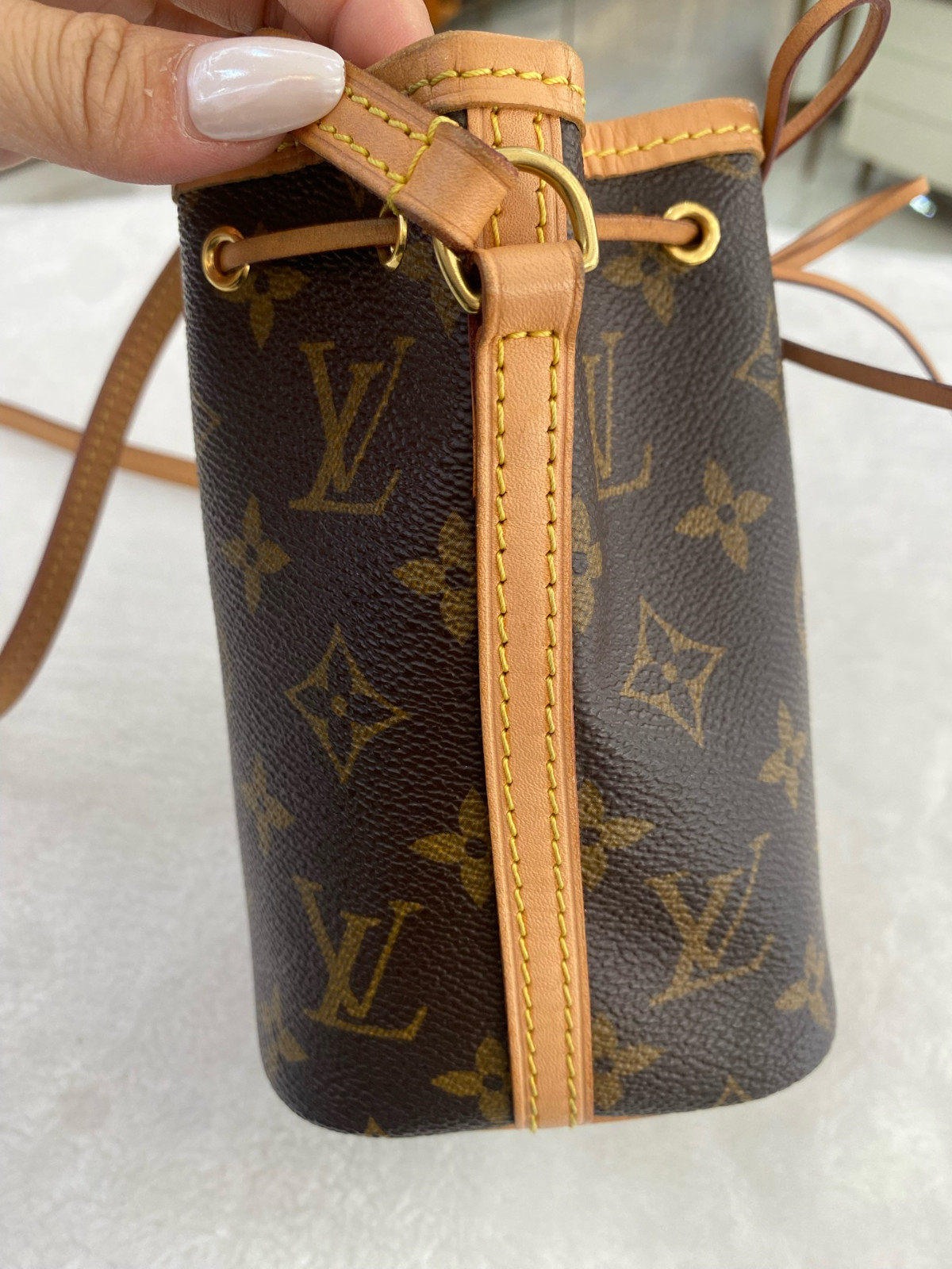 Authentic Louis Vuitton Nano Noé Monogram Canvas, Vachetta Leather Bucket Bag