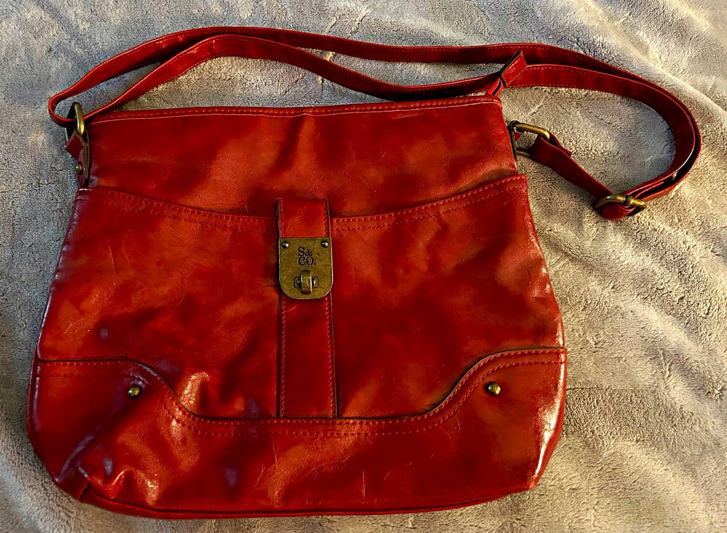 Women’s Red Solid Shoulder Bag Buckle Closure, Stud Accents, Bronze Hardware