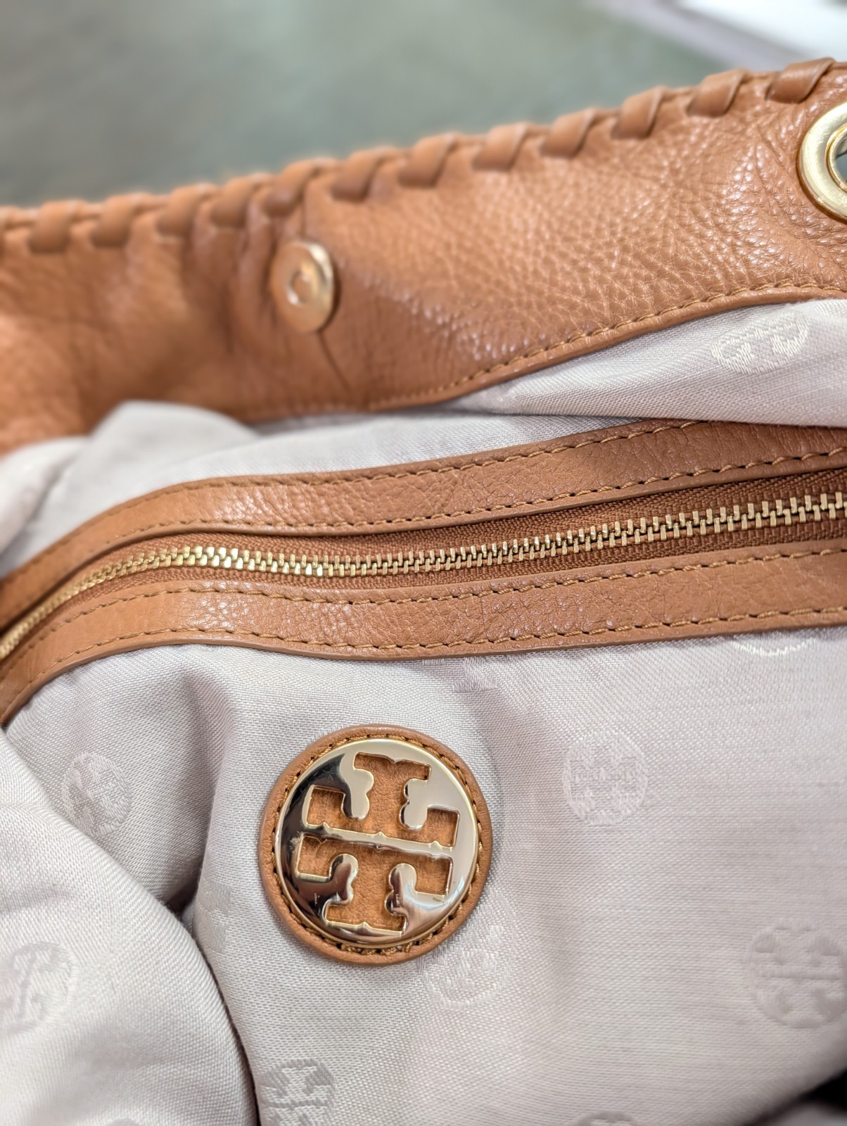 Tory Burch Marion Slouchy Tote Bark Brown Pebbled Leather Chain Handbag Large