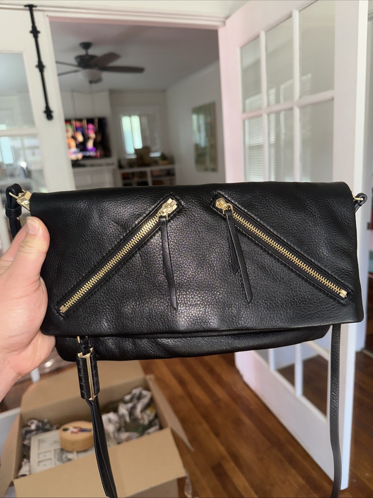 Stella & Dot Covet Waverly Clutch Crossbody Bag Black Leather