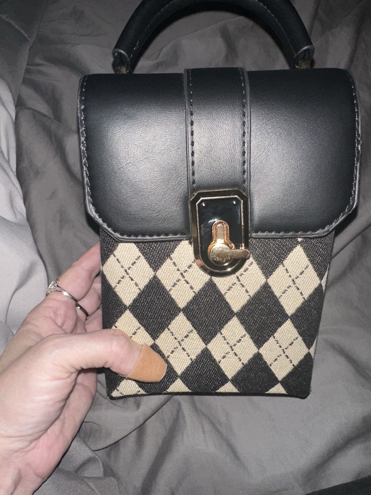 Black Beige Argyle Shoulder Bag – Gold Hardware – Buckle Accent – Top Handle
