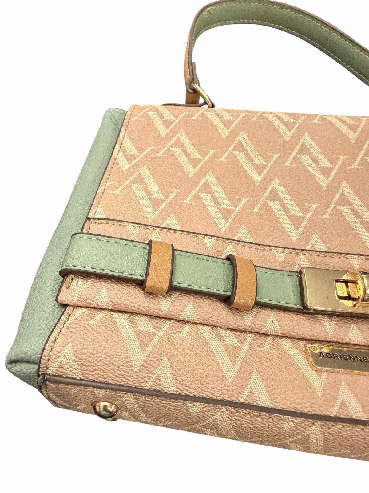 Adrienne Vittadini Mint Green/Beige Monogram Crossbody Handbag Top Handle Purse
