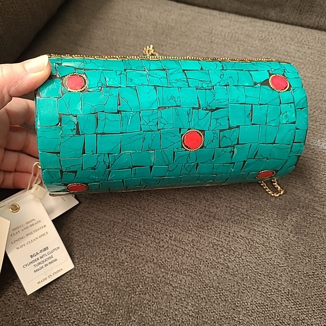 Antik Kraft Mosiac Cylinder Metal Clutch Bag Purse Turquoise Iron Brass India