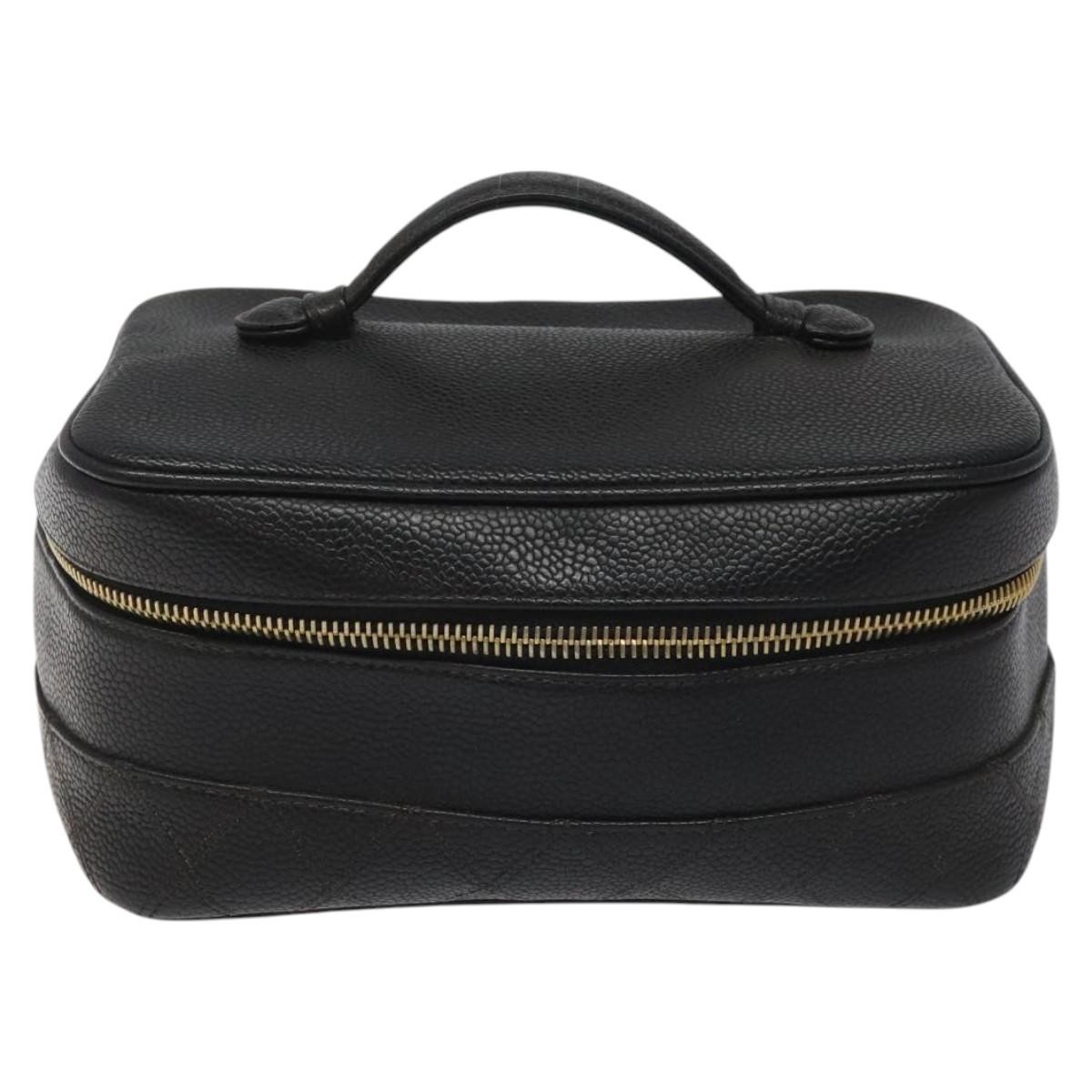 CHANEL Bicolore Vanity Hand Bag Grained Calf Skin Black CC Auth yb789