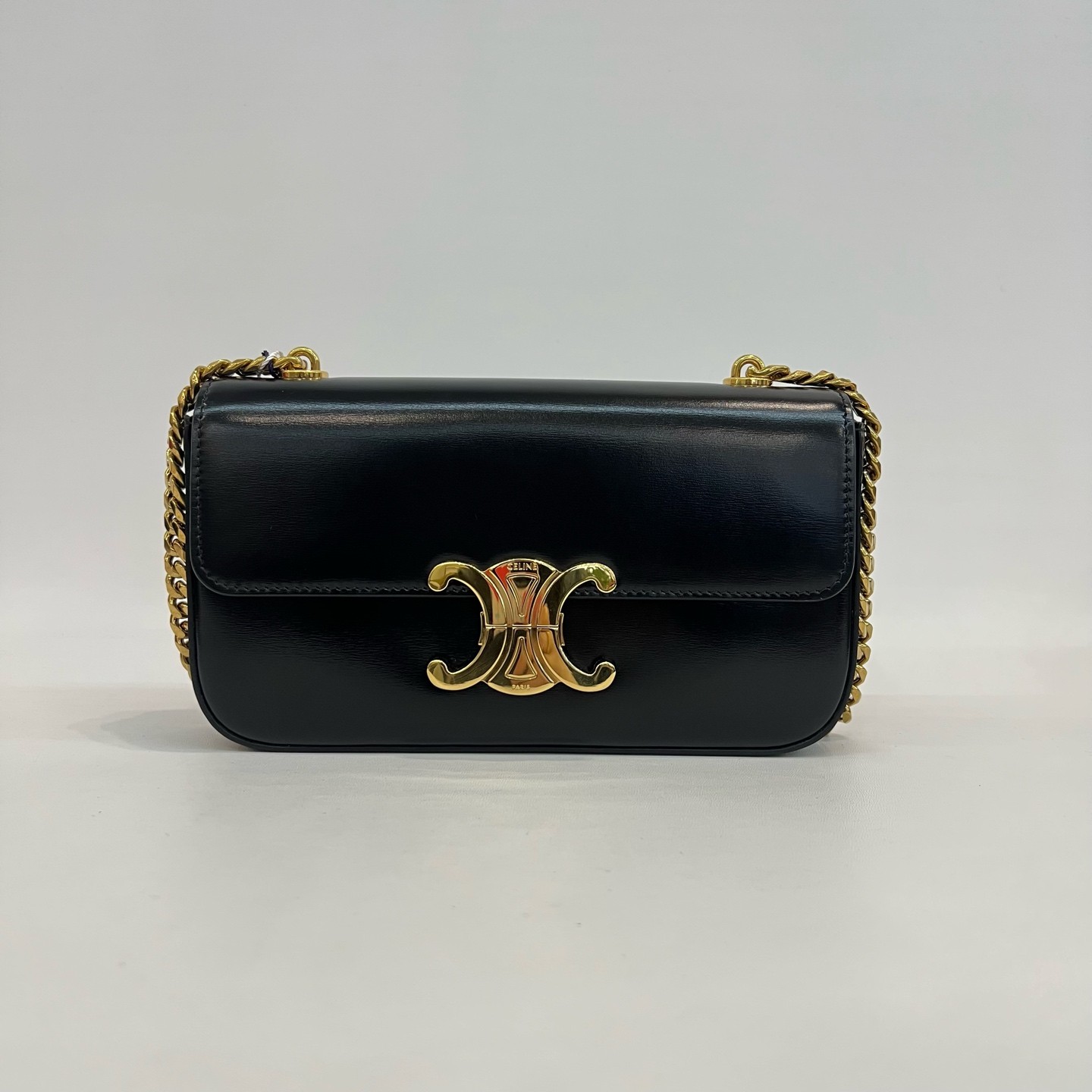 Celine Triomphe Normal Size Black Smooth Calfskin Underarm Shoulder Bag Duty Pai