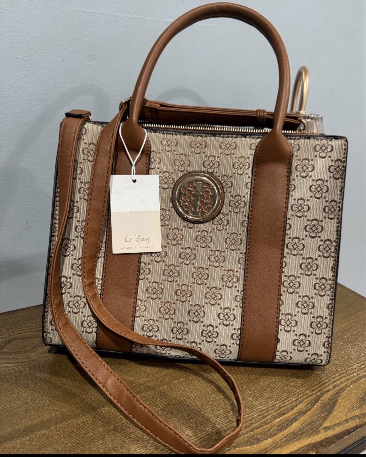 Le Bag Beige/Brown Logo Satchel Top Handle w Detachable Crossbody Strap Zip