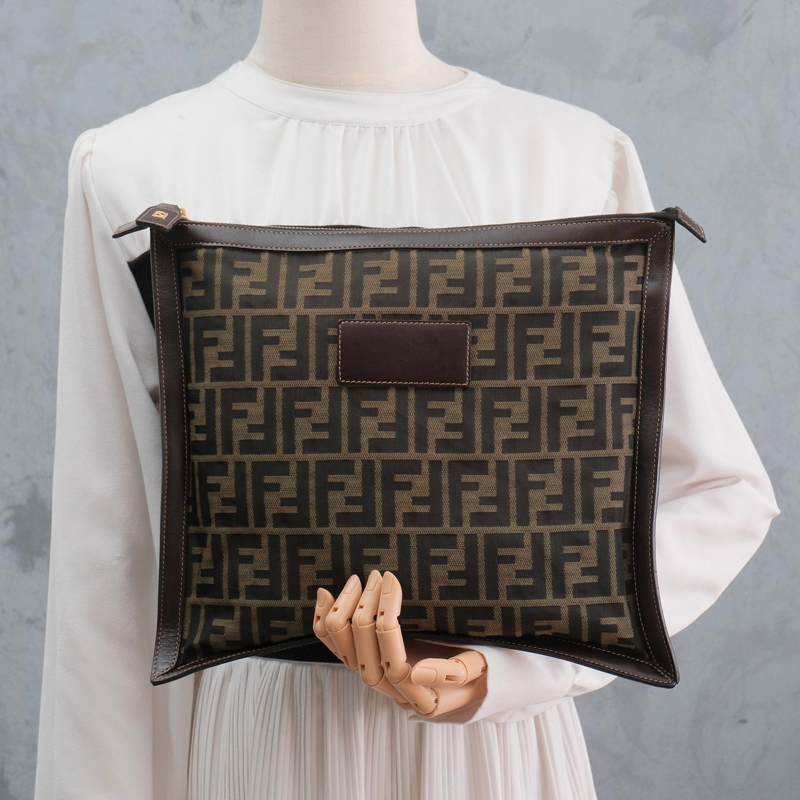 FENDI Zucca Clutch Hand Bag Pouch Purse Nylon Leather FF