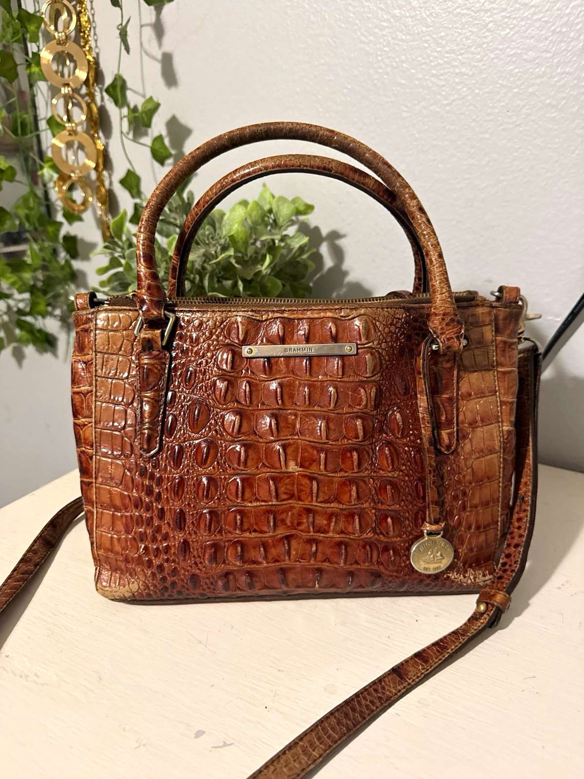 Brahmin Brown Crocodile Satchel Top Handle Zip Adjustable Strap Bag Charm
