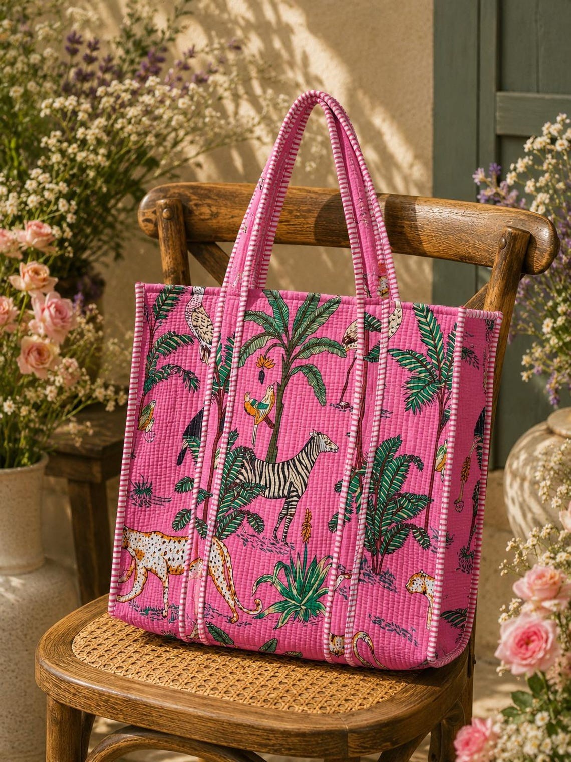 Handmade Pink Jungle Print Quilted Tote Bag: Cotton Shoulder Bag, Open-Top