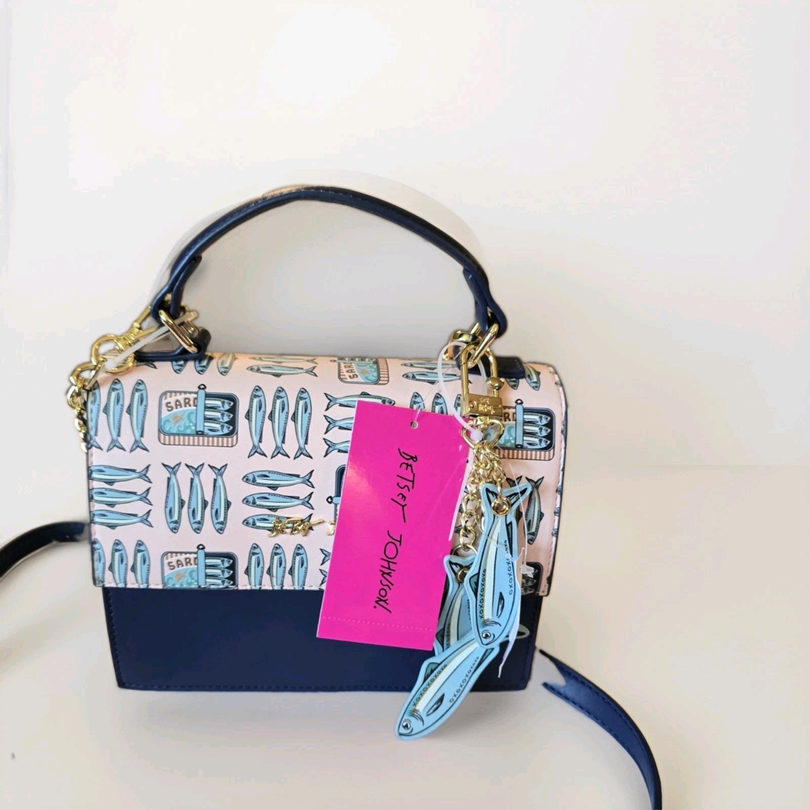 Betsey Johnson Sardine Navy Pink Multi Crossbody Bag Top Handle Purse NWT