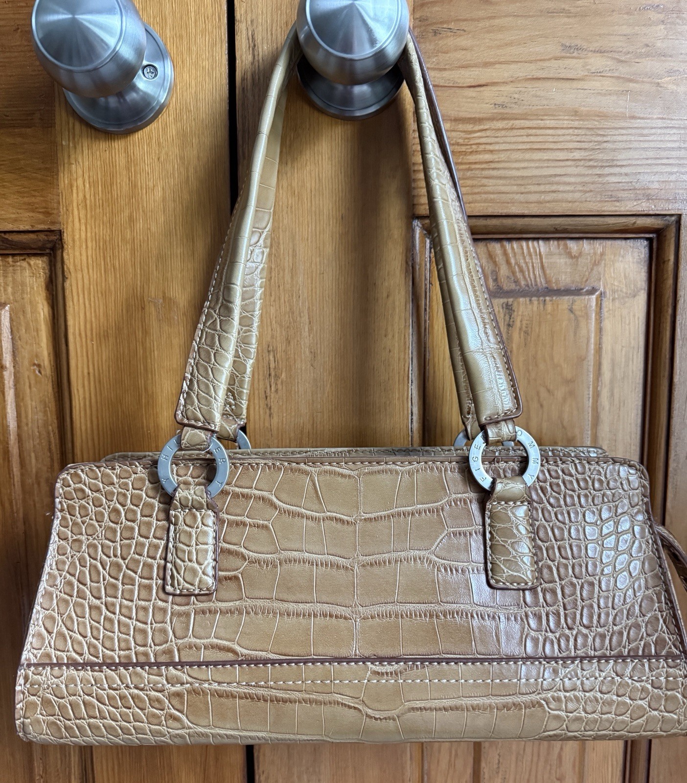Tommy Hilfiger Y2K Croc Embossed Faux Leather Satchel Shoulder Bag Tan Brown