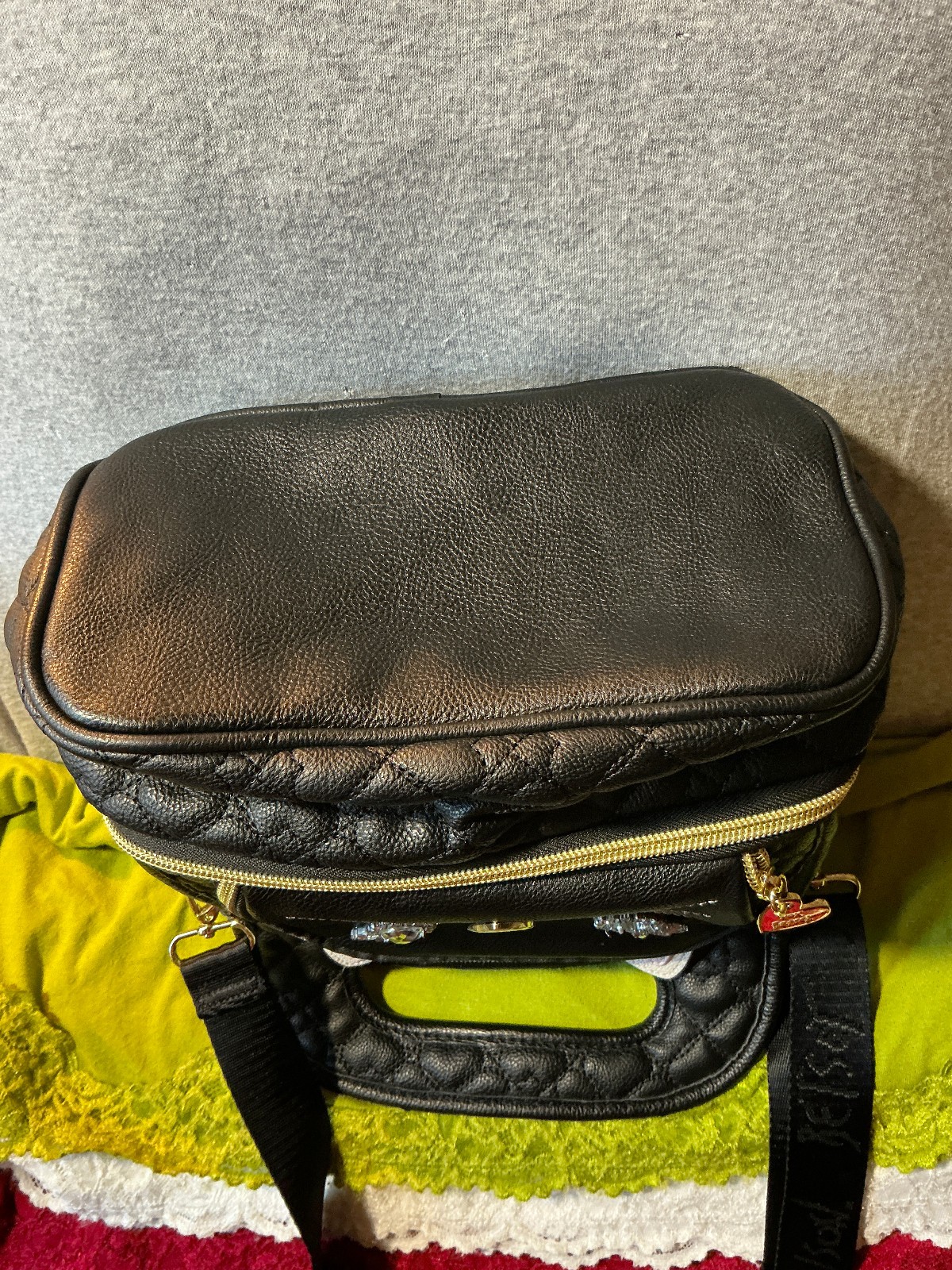 Bestey Johnson Black Cat Quilted Faux Leather Zip Shoulder Bag Lunch Box