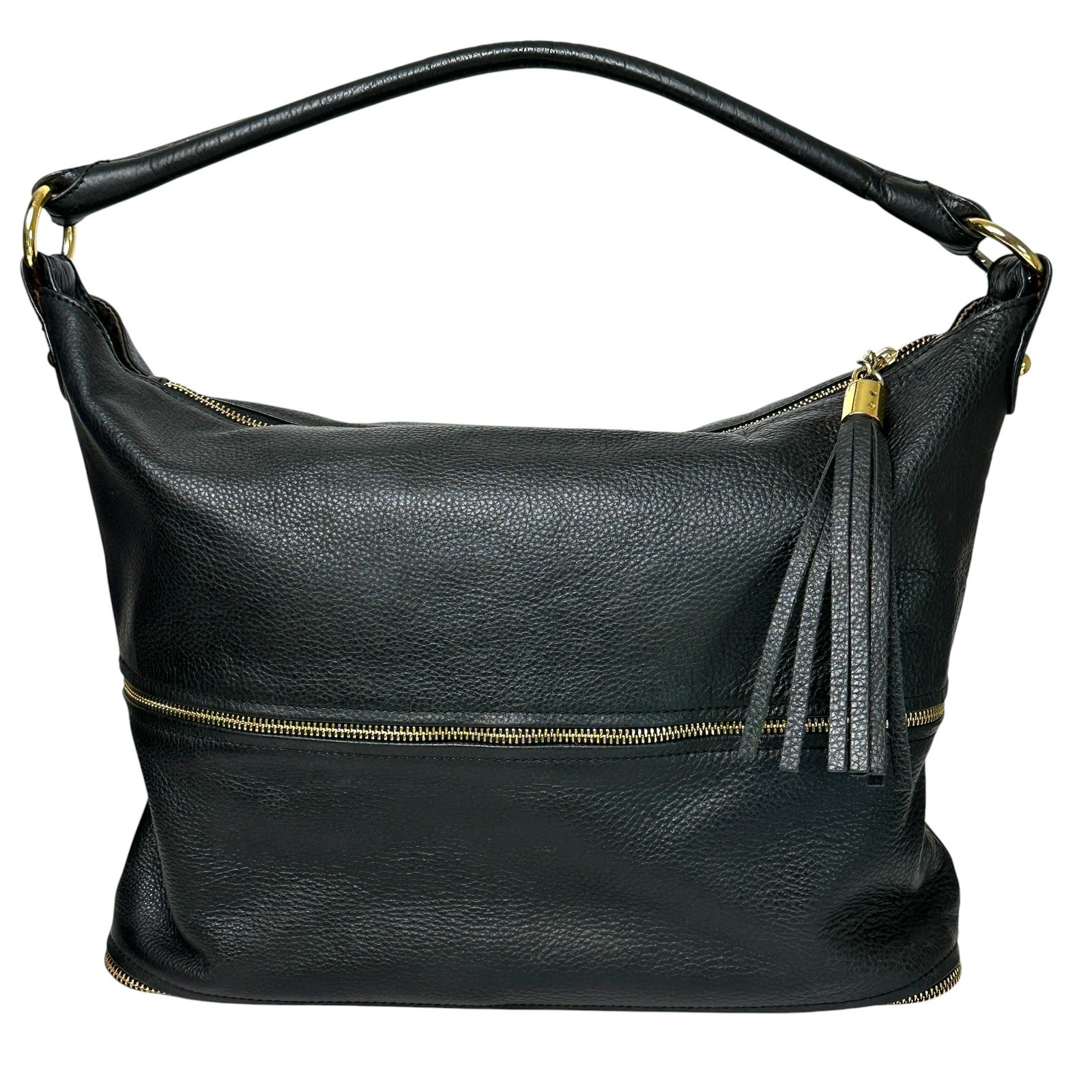 Onna Ehrlich Handbag Kemi Hobo Pebbled Leather Tassel Zip Black OS Boho Chic