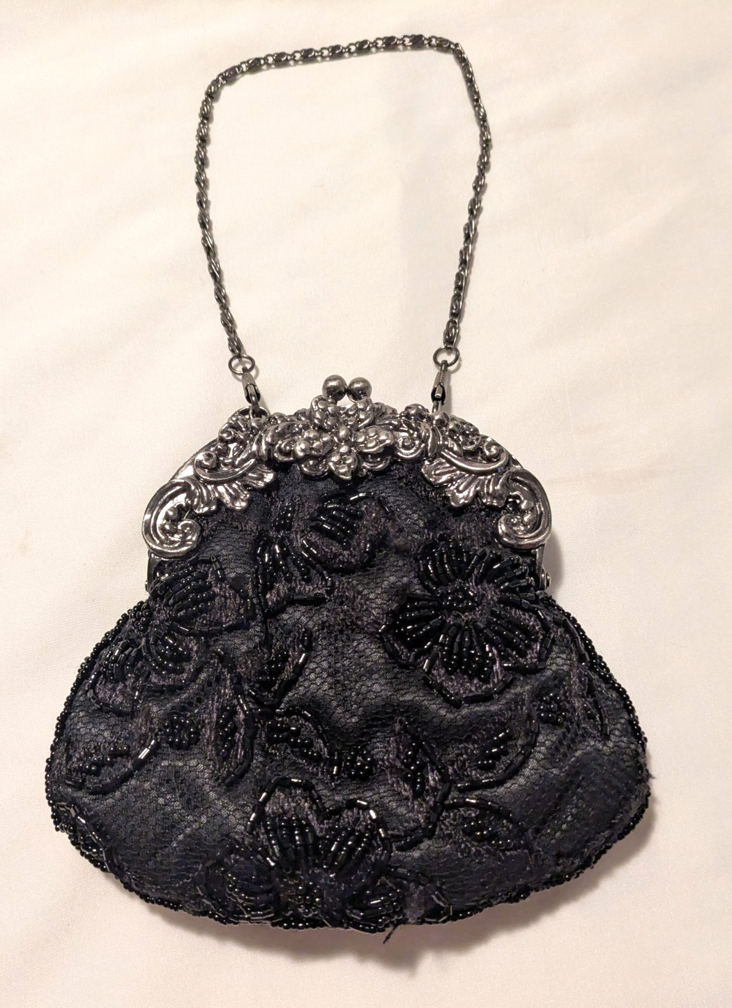 Jessica McClintock Black Beaded Clutch Purse, Vintage Art Deco style