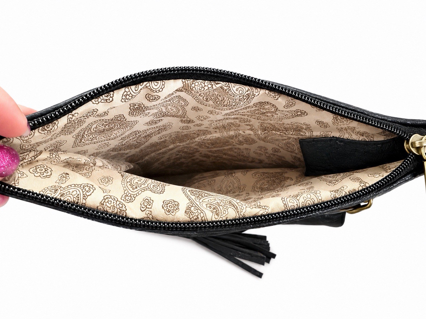 Black Studded Tassel Crossbody Bag Zip Closure Detach Strap Gold HW Pockets
