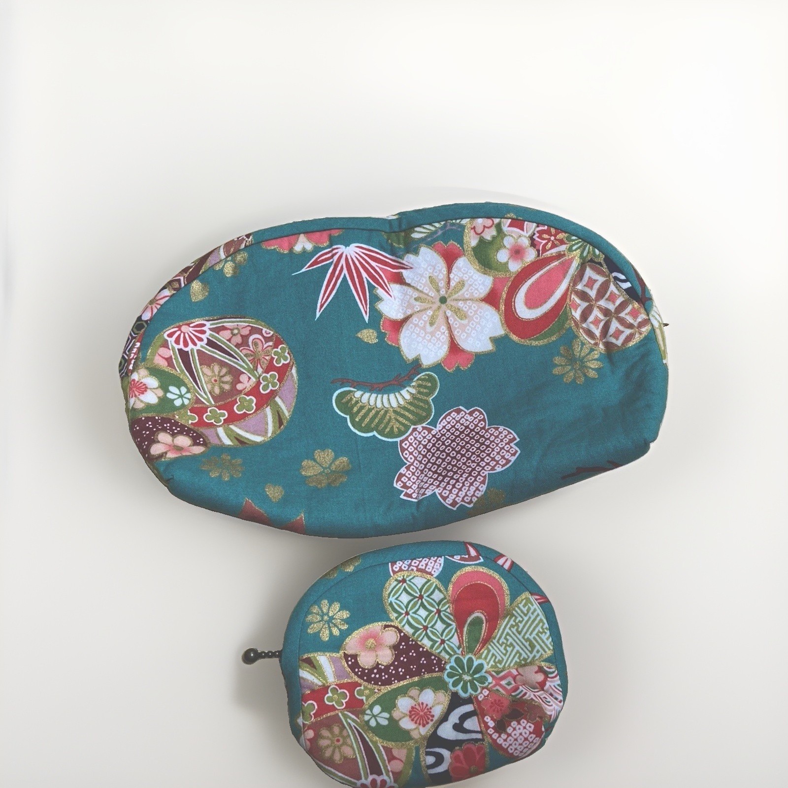 Handmade Japanese Gamaguchi Pouch Coin Purse Set Temari Flower Kimono Fabric