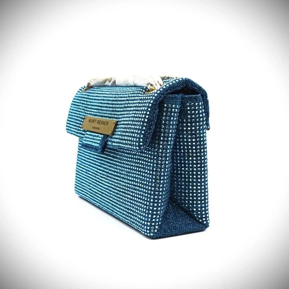 KURT GEIGER The Brixton Fabric & Rhinestones Mini Plate Turquoise Shoulder Bag