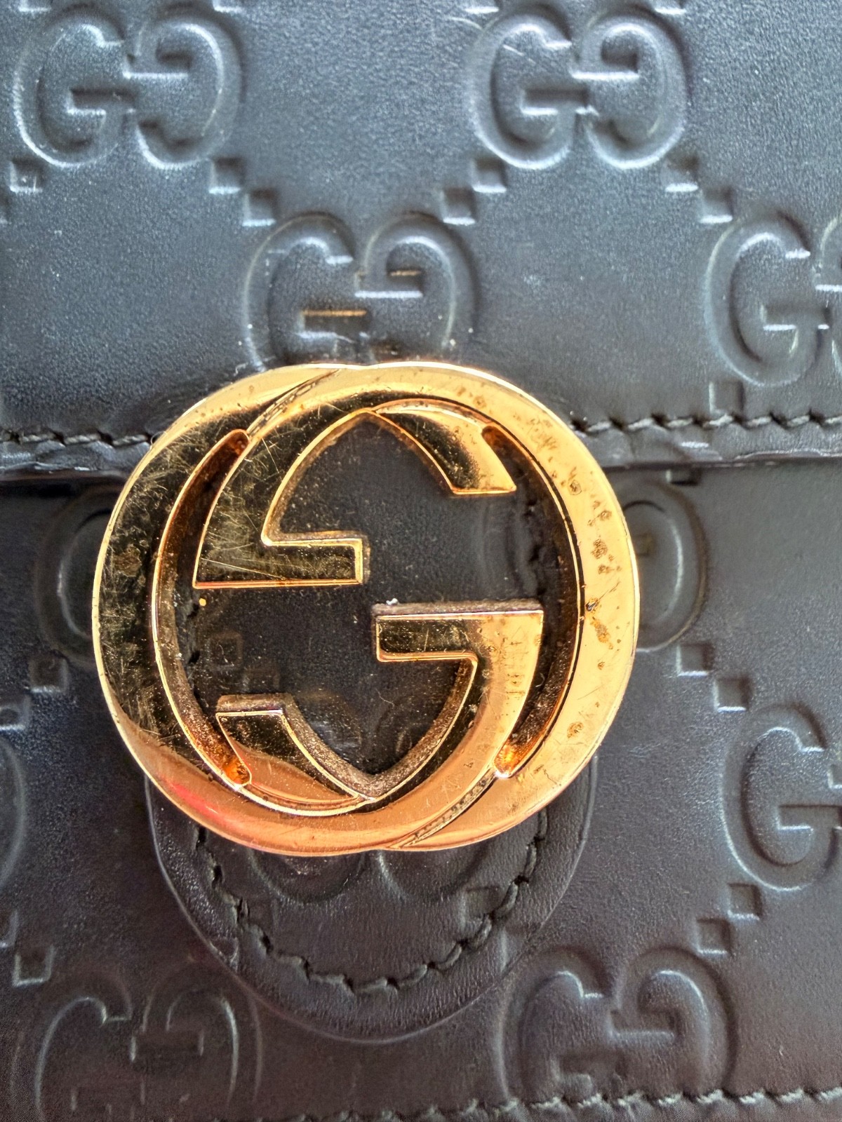 Gucci Guccissima Leather Chain Wallet WOC Black Crossbody Gold