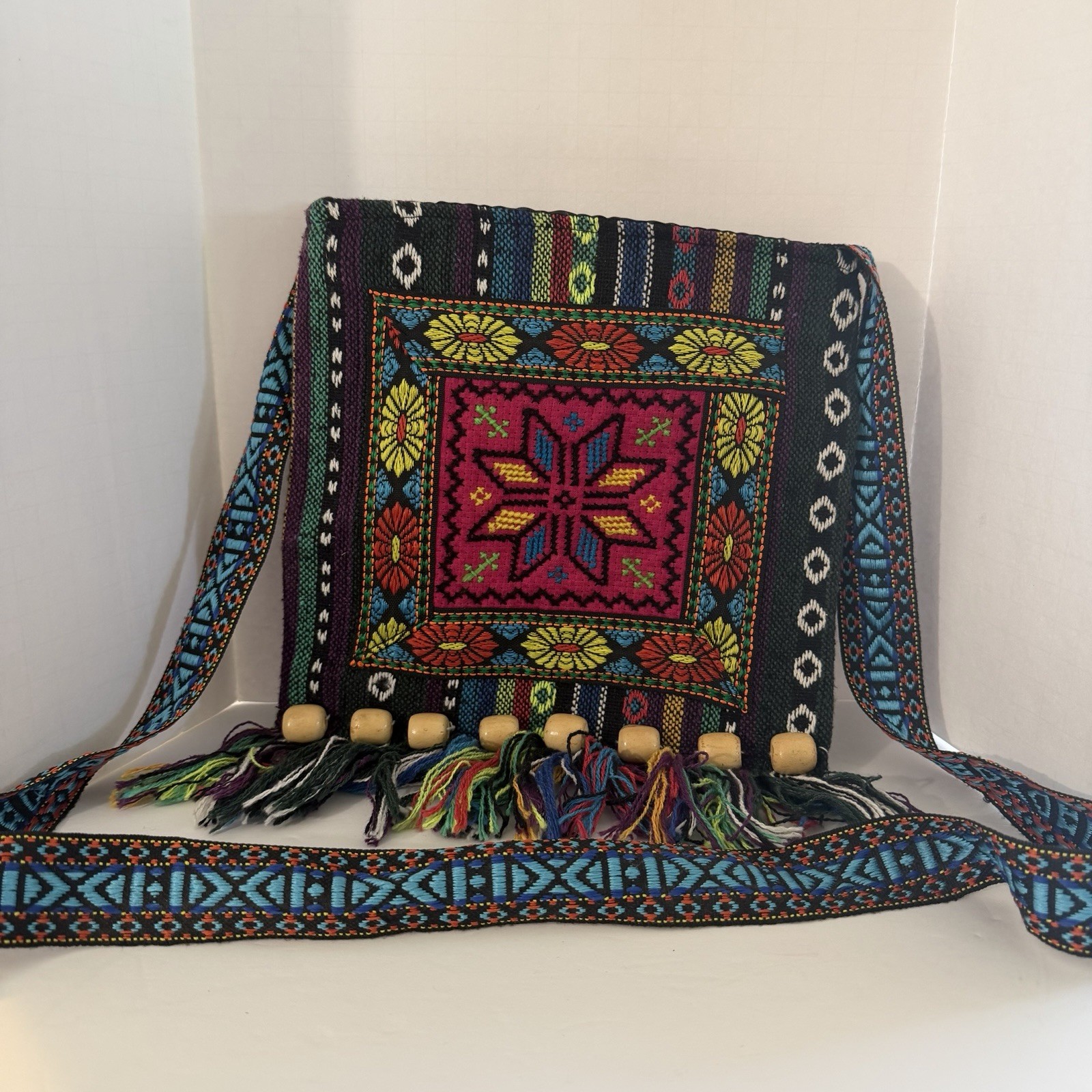 Vintage Handmade Embroidered Boho Crossbody Bag – Colorful Tribal Design