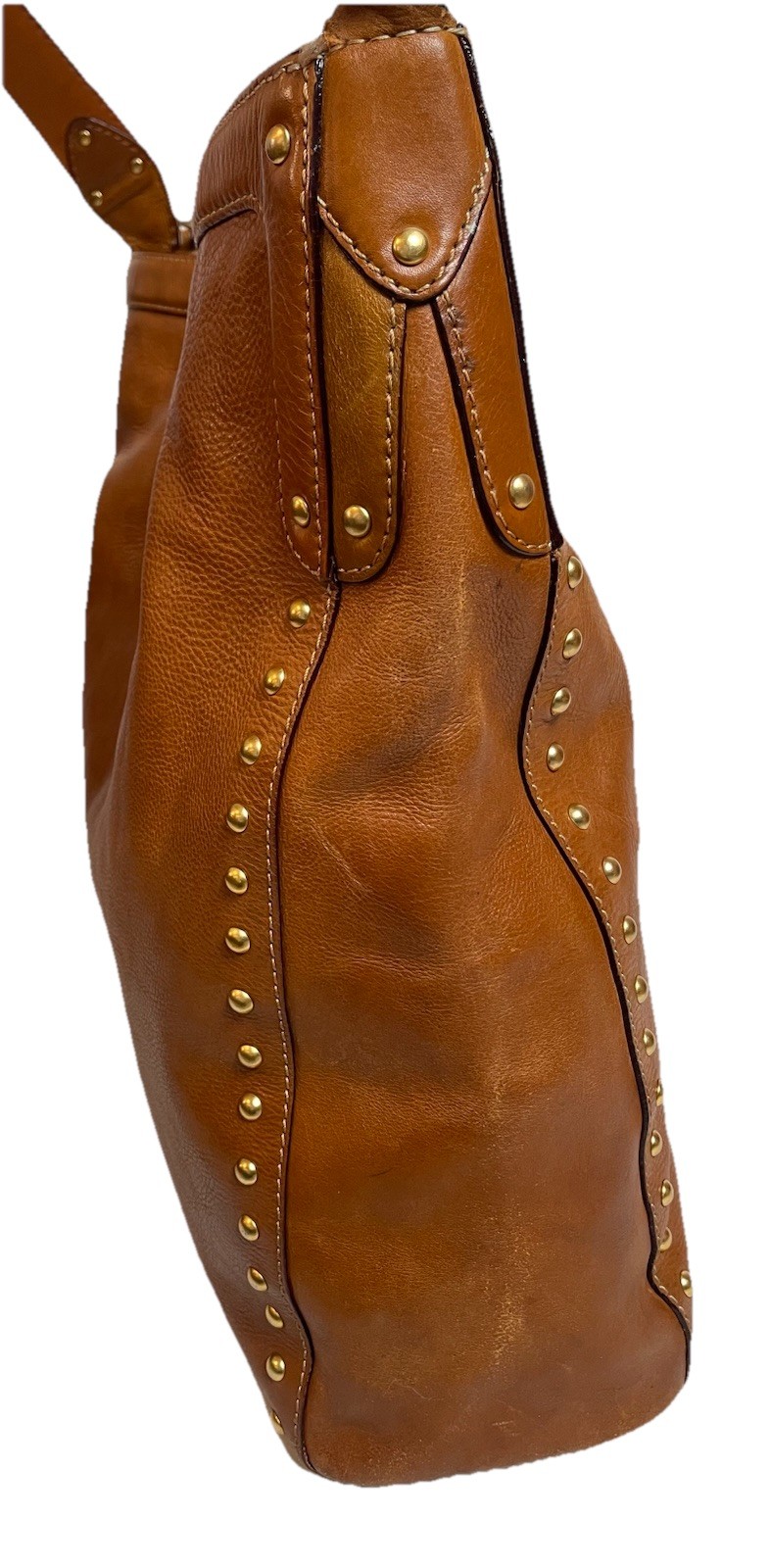 Vtg Michael Kors Astor Studded Shoulder Bag Hobo XL Camel Brown Leather Classic