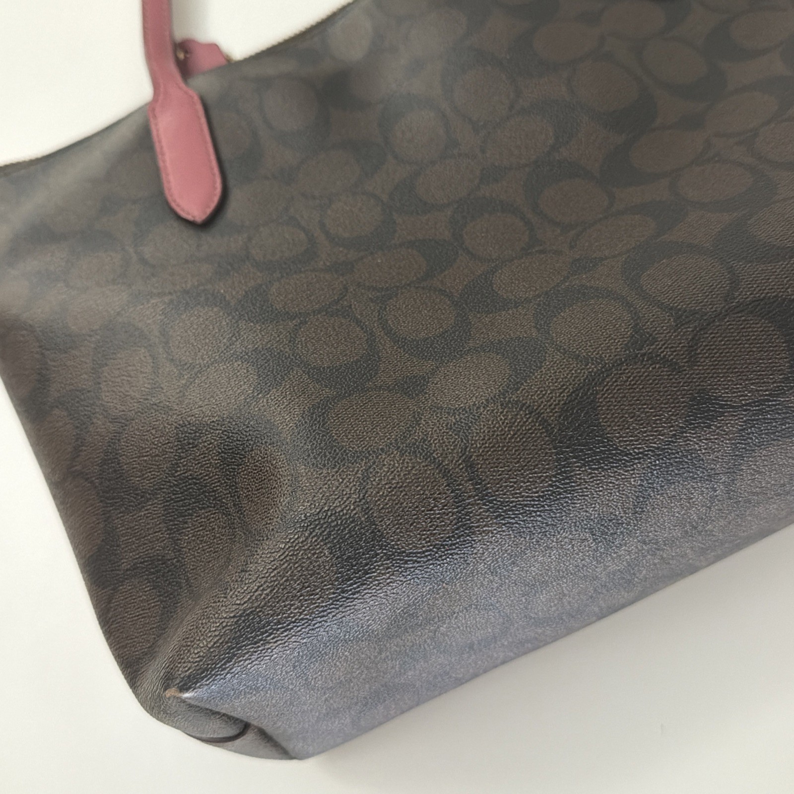 Coach Brown & Pink Logo Tote Horse Carriage Print Gold Hardware Large Designer