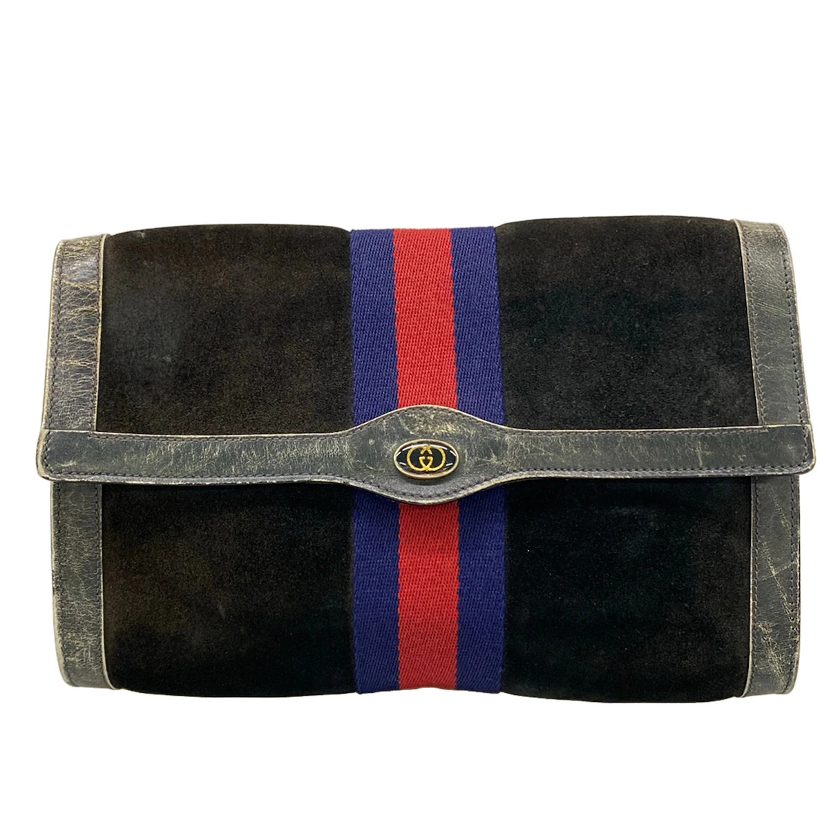 GUCCI Accessory Collection Black Navy Red Suede Leather Clutch Bag