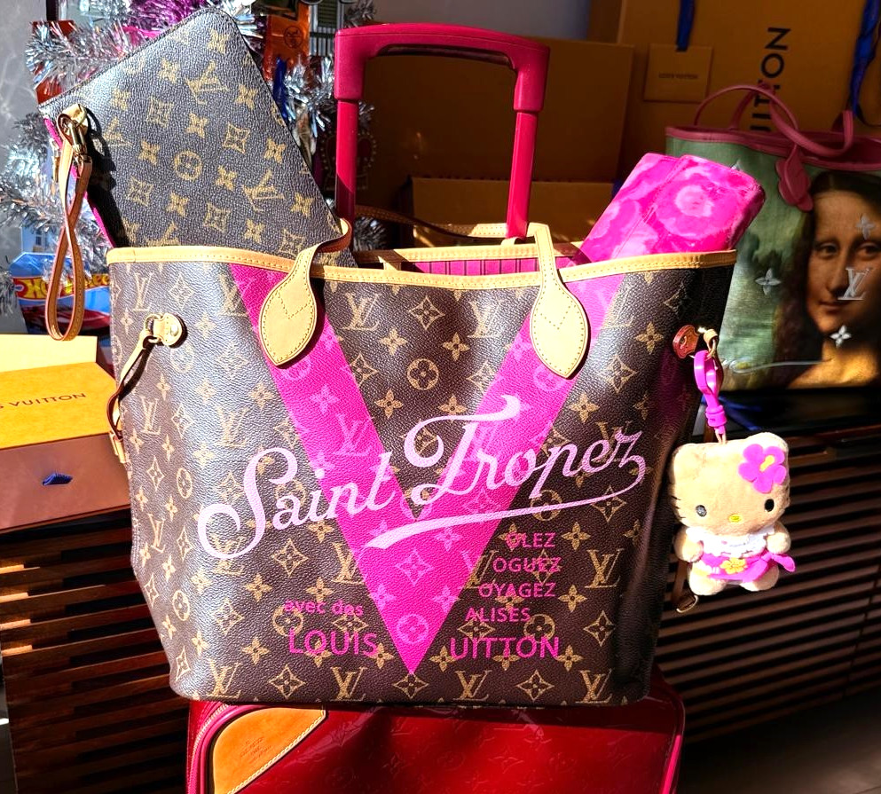 Louis Vuitton SAINT TROPEZ Neverfull MM Bag Pondicherry Pink Monogram + POCHETTE