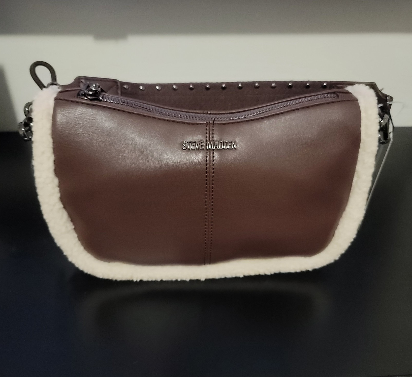 Steve Madden Brown Shoulder Bag Faux Fur Trim Zip Closure Studded Accents