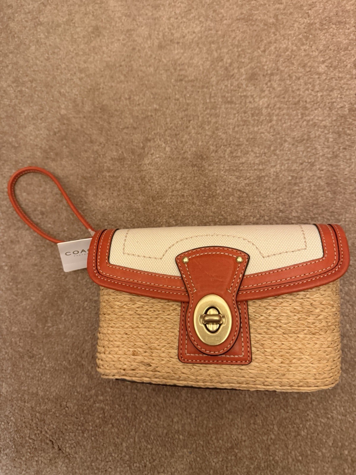 Coach Woven Tan / Coral And White Leather Trim Wristlet clutch NWT
