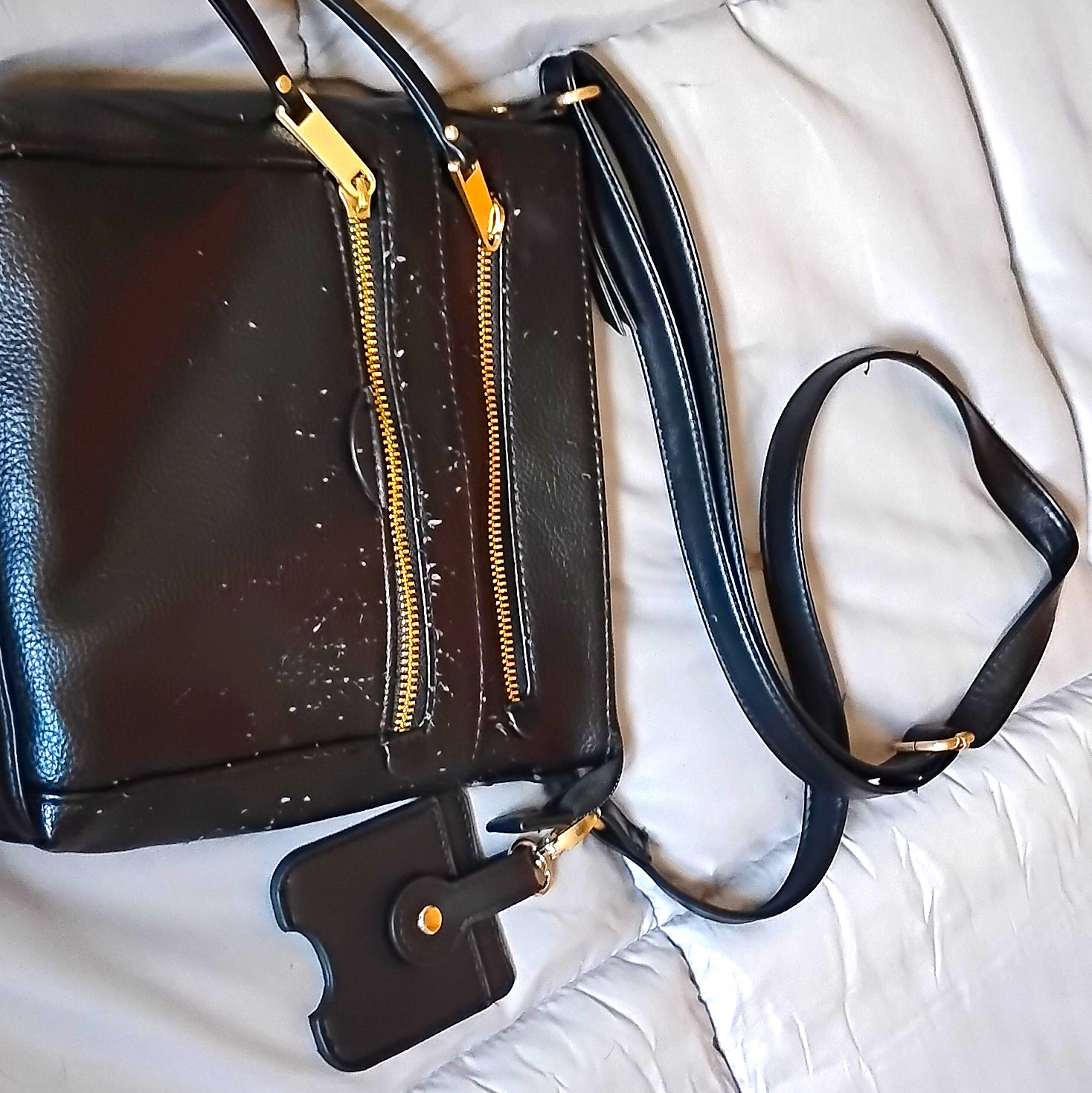 Black Pebbled Crossbody Bag Medium Gold Zip, Adjustable Detachable Strap, Lined
