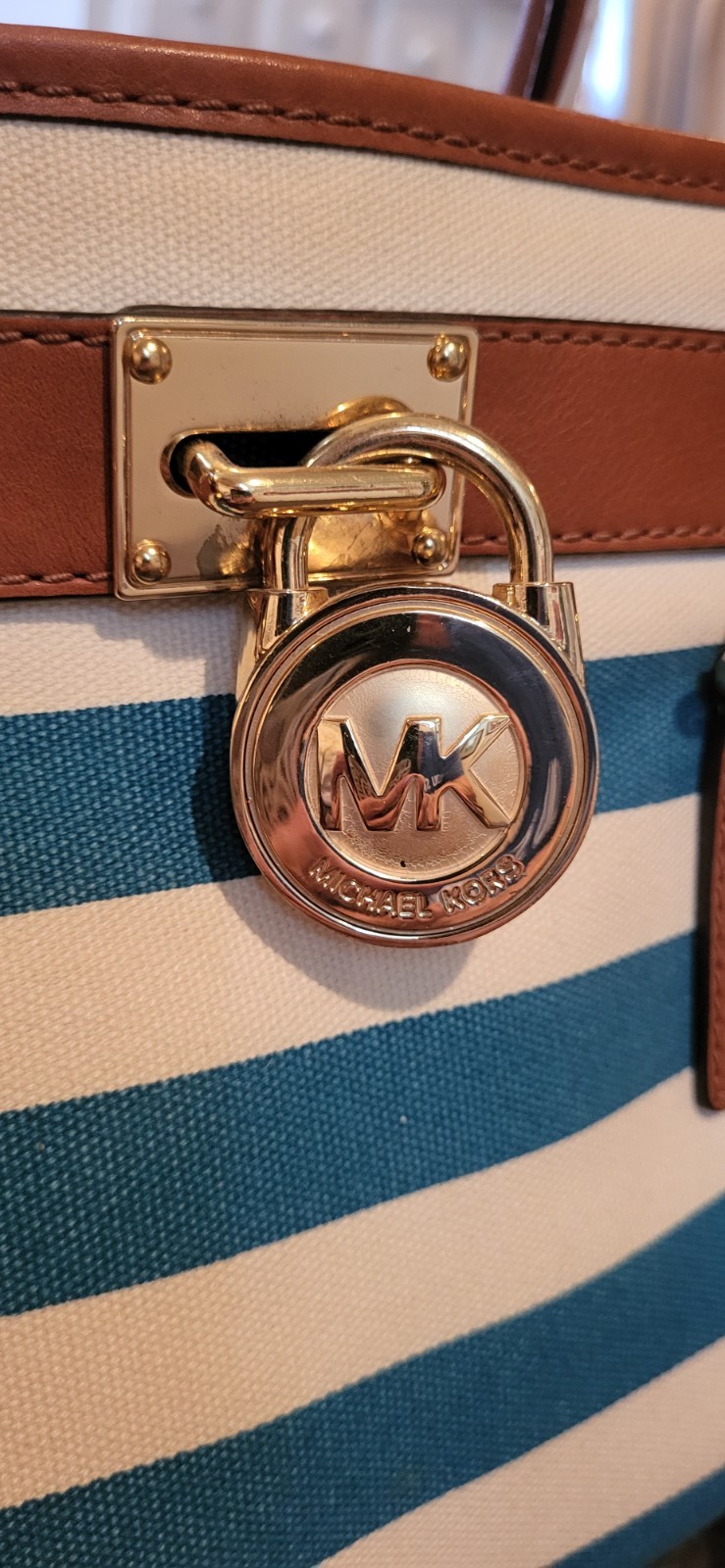 Michael Kors Blue/White Striped Satchel Top Handle Bag Lock & Key Gold Hardware