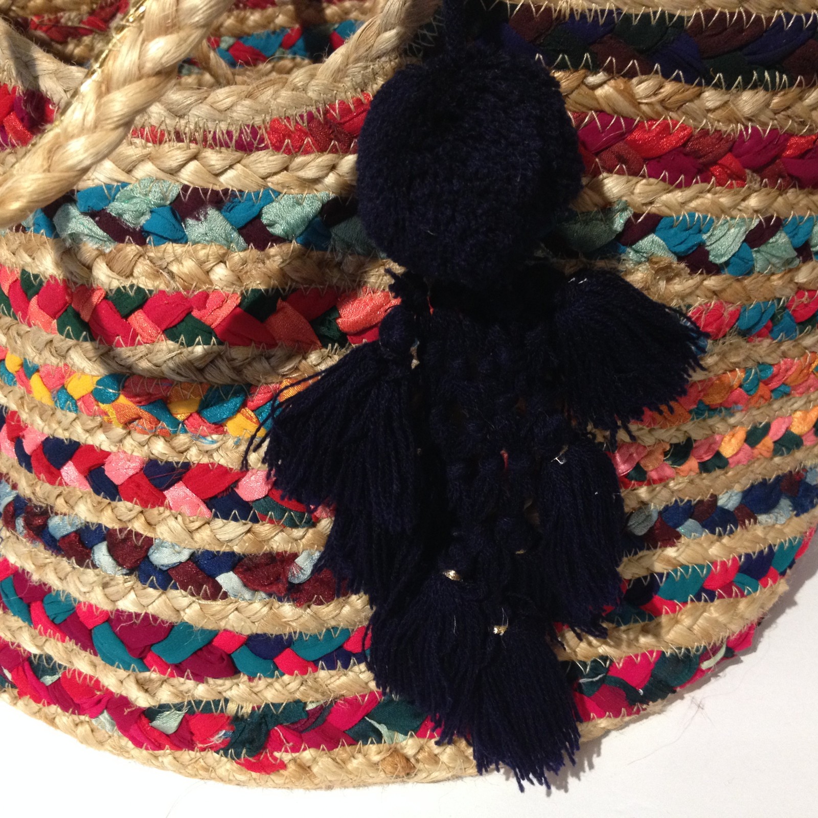 Olivia Miller Rosana Large Jute + Cotton Colorful Beach Tote Bag 12 x 12″ Round