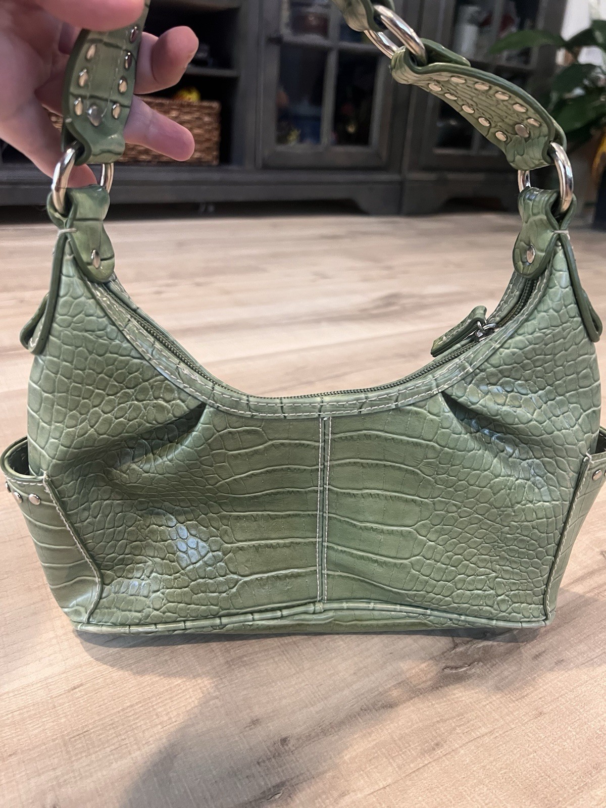 Bisou Bisou Michele Bohbot Green Croc Embossed Faux Leather Shoulder Bag Y2K